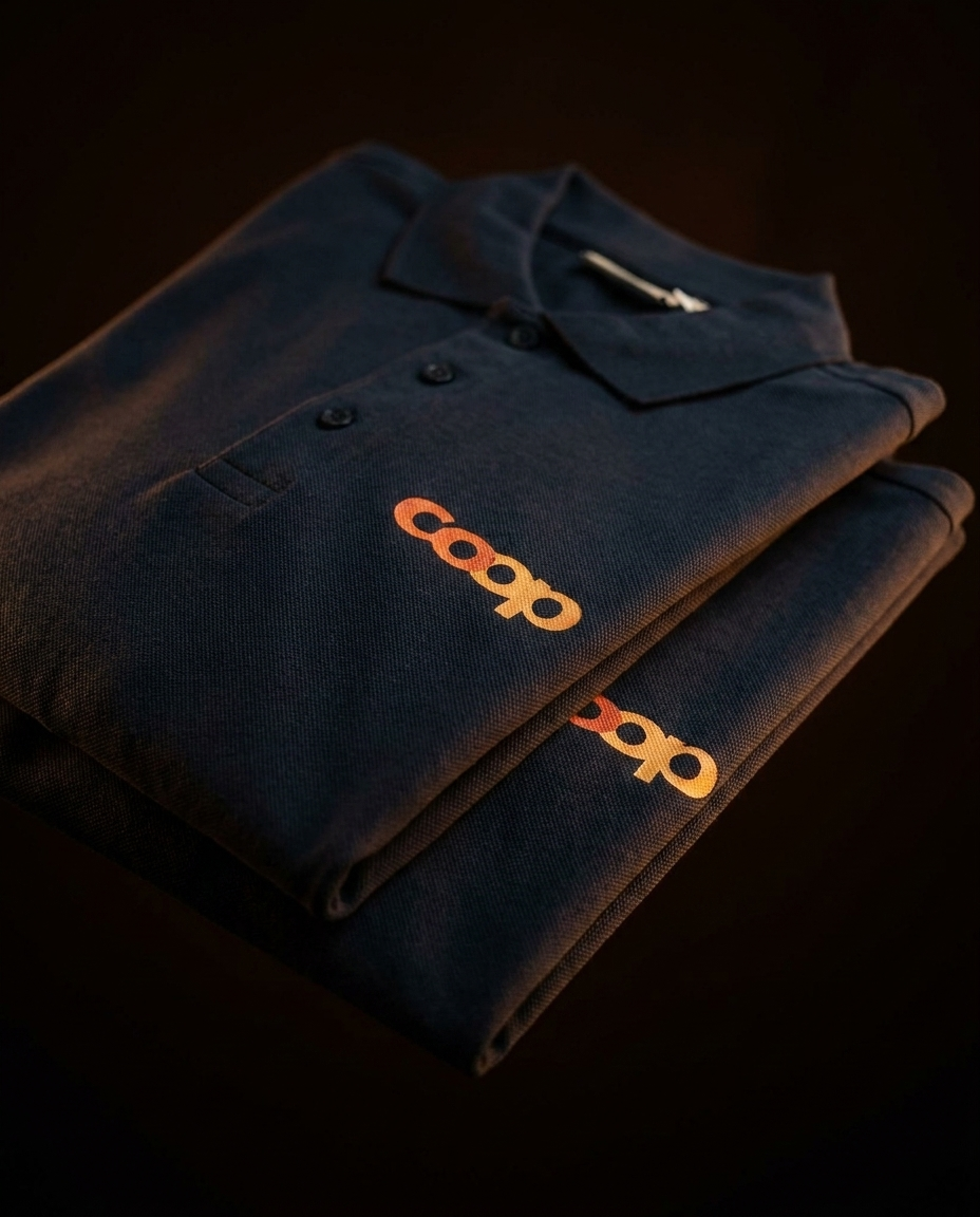 Marineblaue Coop-Polos mit Logo, gefaltet