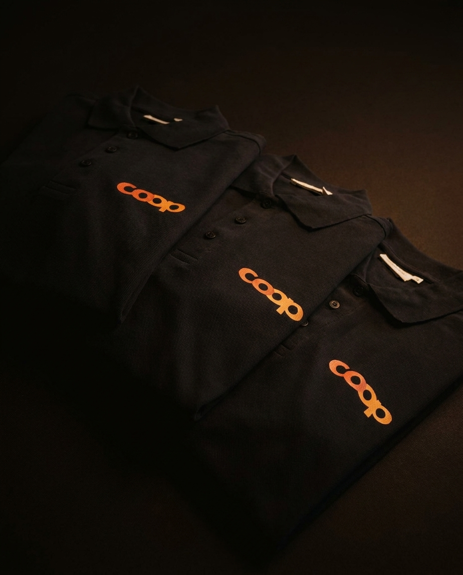 Textildruck: schwarze Polos mit aufgedrucktem Logo
